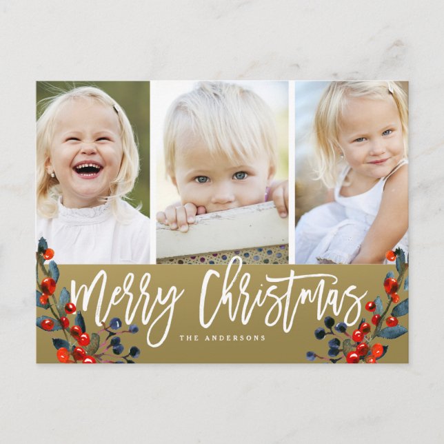 Christmas Script Berries 3 Photo Holiday Postcard (Front)