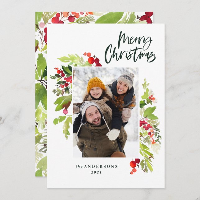 Christmas script botanical 1 photo red green holiday card (Front/Back)
