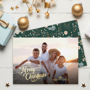 Christmas Script Full Photo Boho Greenery Gold Foil Holiday Card