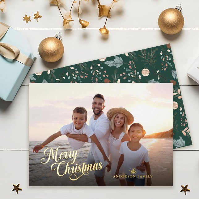 Christmas Script Full Photo Boho Greenery Gold Foil Holiday Card (Creator Uploaded)