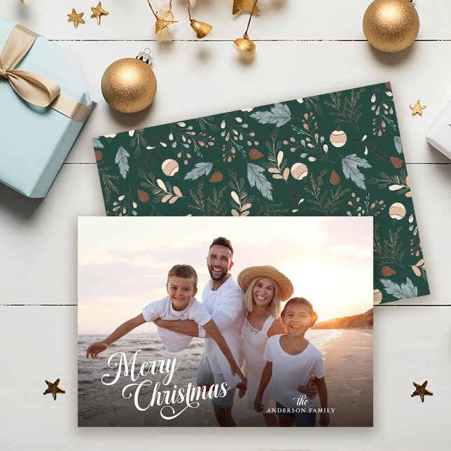 Christmas Script Full Photo Boho Greenery Holiday Card (Creator Uploaded)