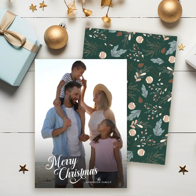 Christmas Script Full Photo Boho Greenery Holiday Card (Creator Uploaded)