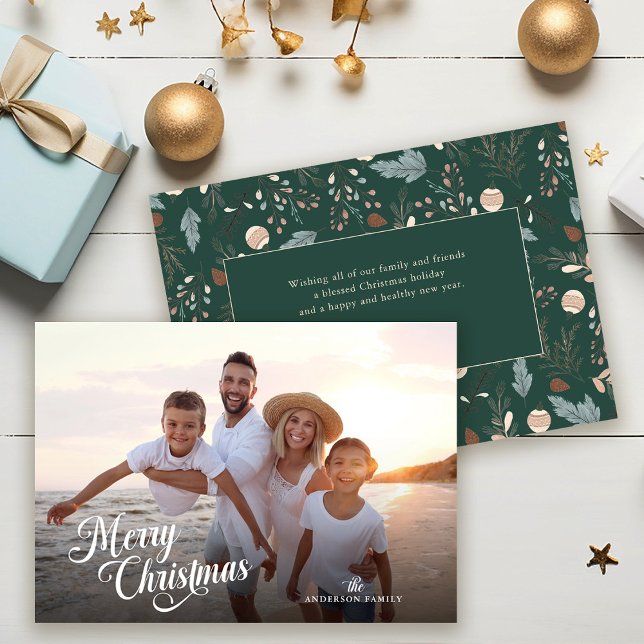 Christmas Script Full Photo Boho Greenery Message Holiday Card (Creator Uploaded)