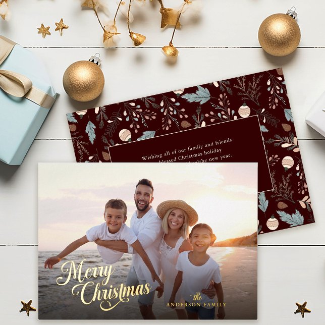 Christmas Script Full Photo Greenery Message Gold Foil Holiday Card (Creator Uploaded)