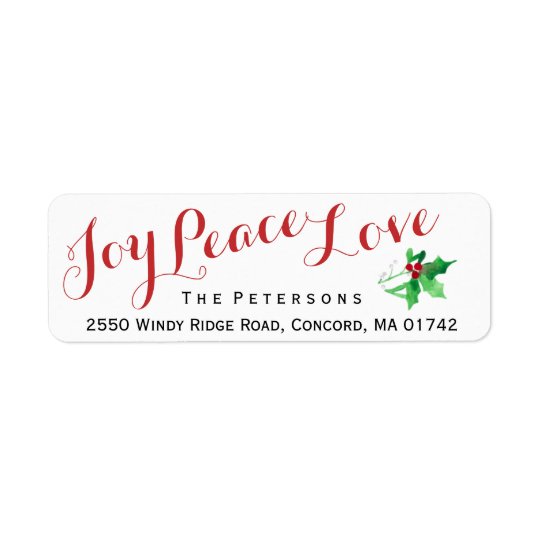 Christmas Script Joy Peace Love Holly Custom Return Address Label