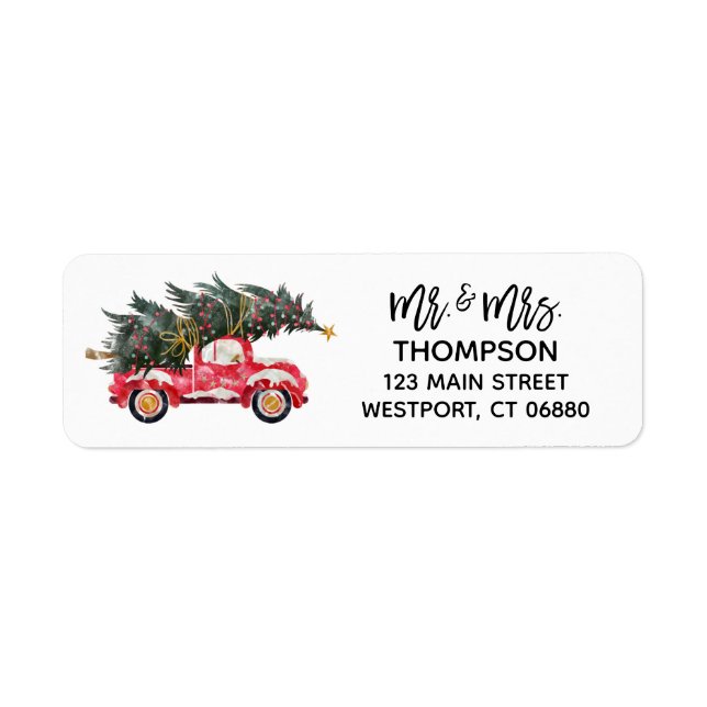 Christmas Script Mr Mrs Red Truck Return Address Label (Front)