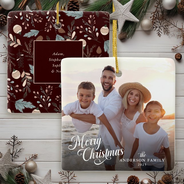 Christmas Script Photo Boho Greenery Christmas Ceramic Ornament (Creator Uploaded)