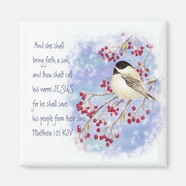 Christmas Scripture Chickadee Snowy Berry Magnet (Front)