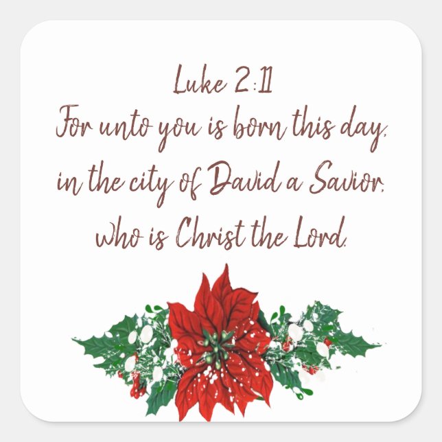 Christmas Scripture Luke 2:11 Pointsettia Holly Square Sticker (Front)