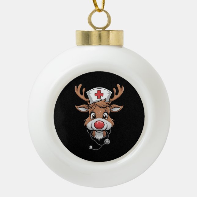 Christmas Scrub Top Reindeer Rubber Gloves Nurses Ceramic Ball Christmas Ornament (Front)