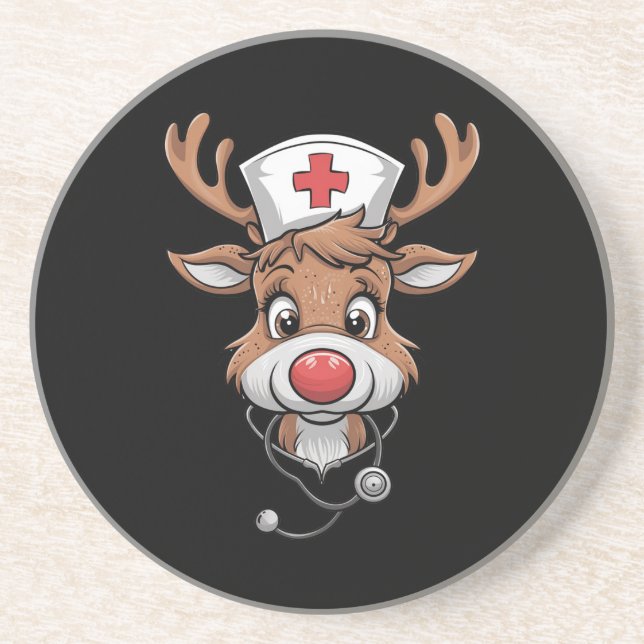 Christmas Scrub Top Reindeer Rubber Gloves Nurses Coaster (Front)