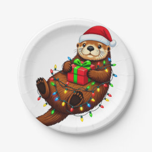 : Christmas Sea Otter Enhydra Lutris Santa Hat Paper Plate