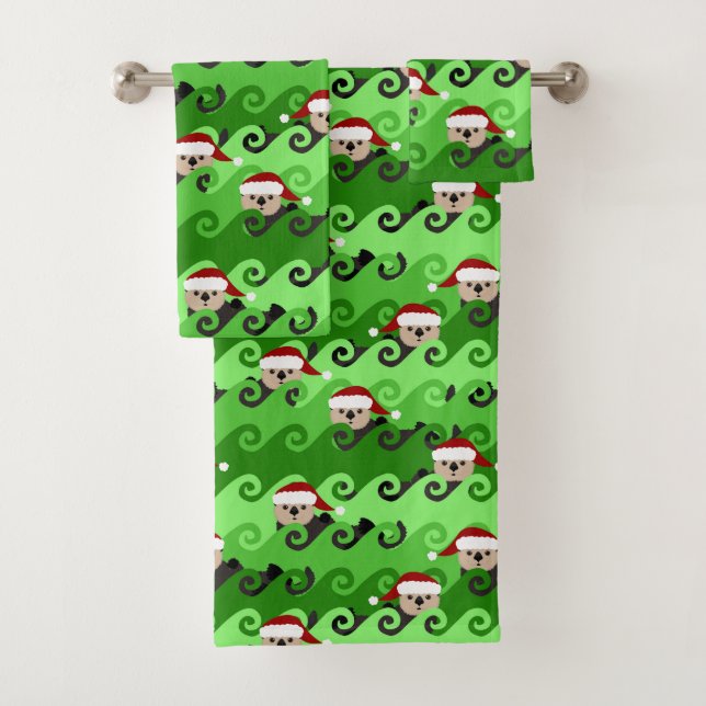 Christmas Sea Otters Green Waves Bath Towel Set (Insitu)