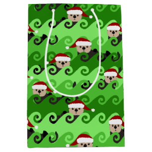 Christmas Sea Otters Green Waves Medium Gift Bag