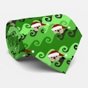 Christmas Sea Otters Green Waves Tie