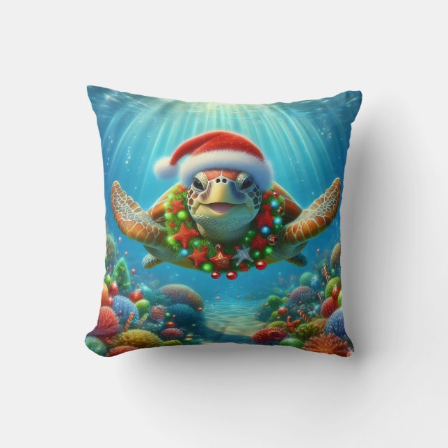 Christmas Sea Turtle Throw Pillow (Front)