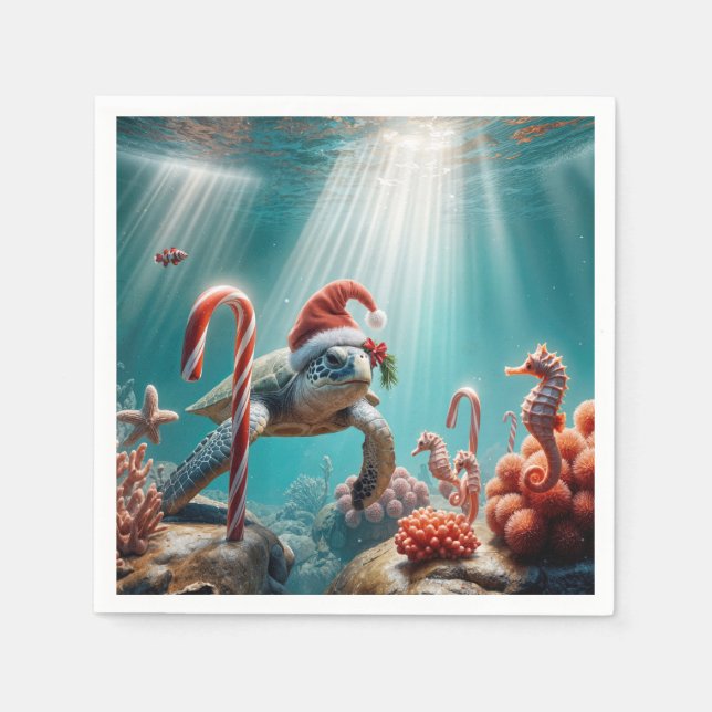 Christmas Sea Turtle With Candy Canes Napkin (Front)