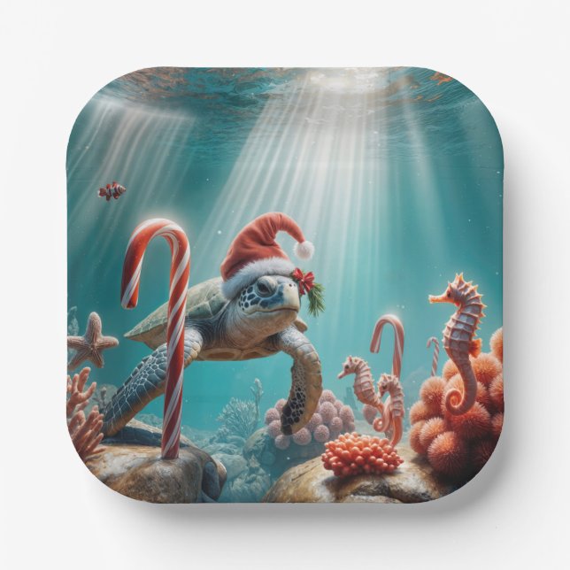 Christmas Sea Turtle With Candy Canes Paper Plate (Front)