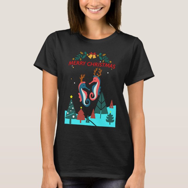 Christmas Seahorse Reindeer With Holiday Decorativ T-Shirt (Front)