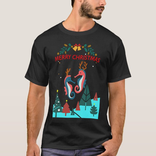 Christmas Seahorse Reindeer With Holiday Decorativ T-Shirt (Front)