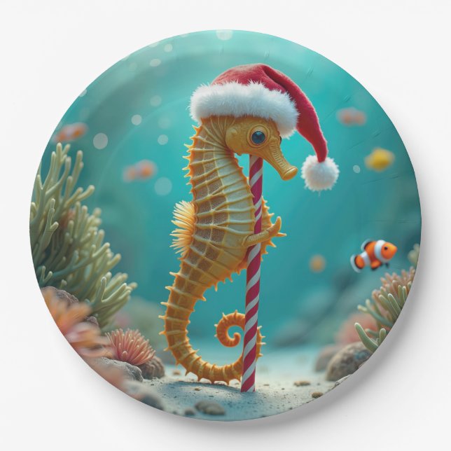 Christmas Seahorse With Candy Cane Paper Plate (Front)