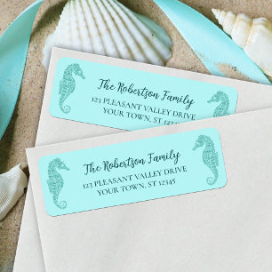 Christmas Seahorses Aqua Glitter Return Address Label