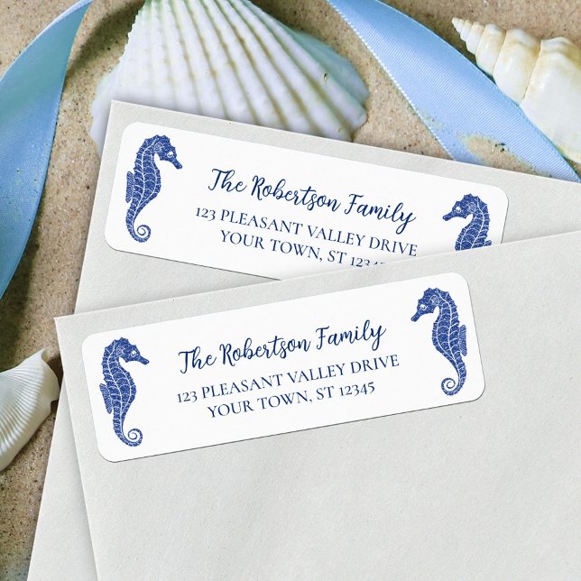 Christmas Seahorses Navy Glitter Return Address Label (Creator Uploaded)