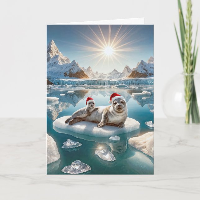 Christmas Seal and Pup On Ice Holiday Card (Front)
