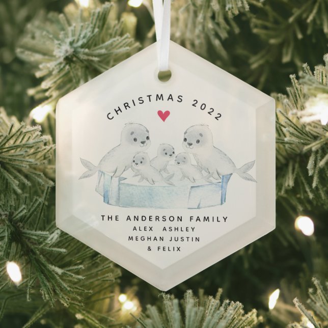 Christmas Seal Family Of Five Glass Tree Decoration (Insitu)
