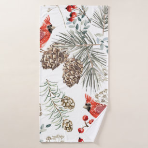 Christmas seamless pattern, cardinal birds, red be bath towel