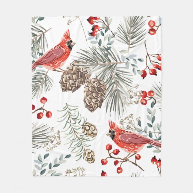 Christmas seamless pattern, cardinal birds, red be fleece blanket (Front)