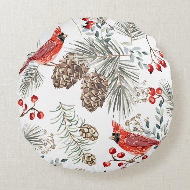 Christmas seamless pattern, cardinal birds, red be round cushion (Front)