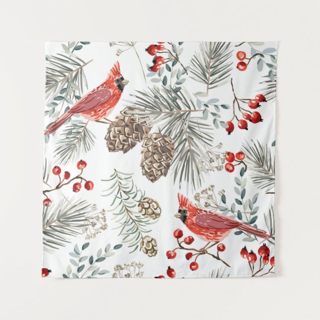 Christmas seamless pattern, cardinal birds, red be tapestry (Front)