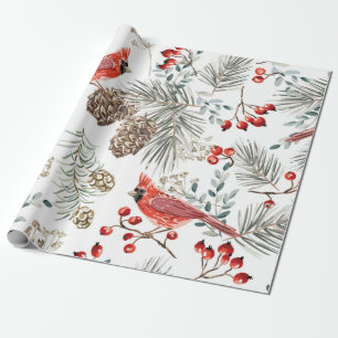 Christmas seamless pattern, cardinal birds, red be wrapping paper
