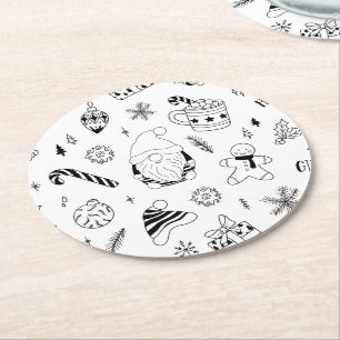 Christmas seamless pattern outline round paper coaster