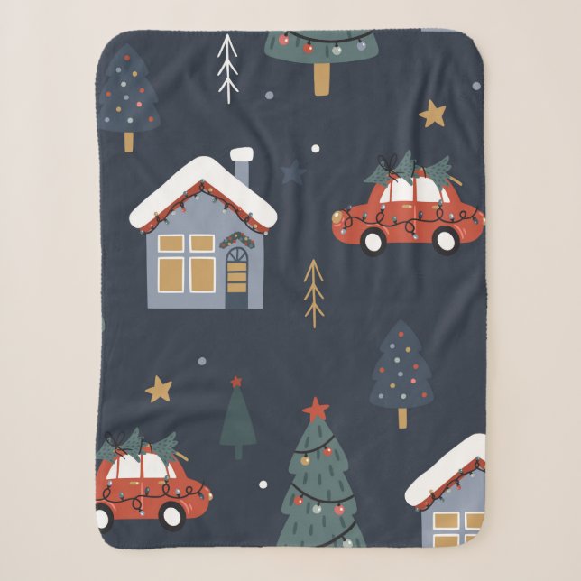 Christmas seamless pattern with christmas tree,car sherpa blanket (Front)