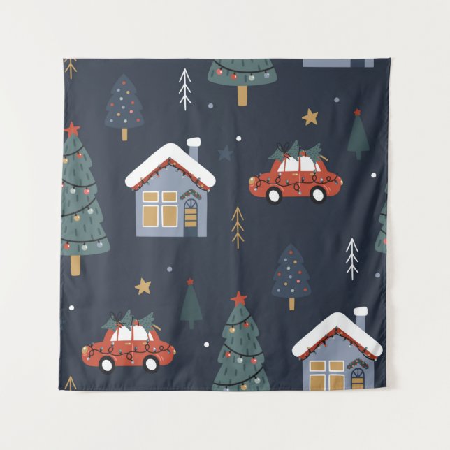 Christmas seamless pattern with christmas tree,car tapestry (Front)