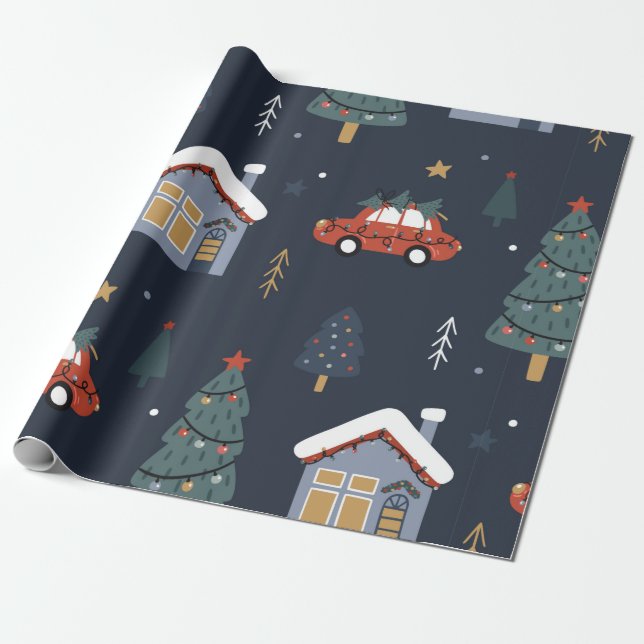 Christmas seamless pattern with christmas tree,car wrapping paper (Unrolled)