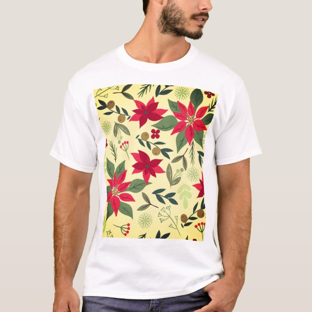 Christmas Seamless Pattern with Red Flowers T-Shirt (Front)