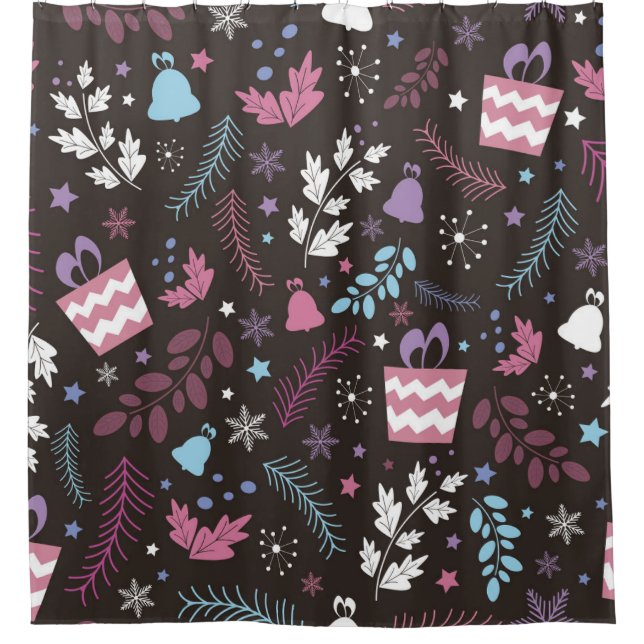 Christmas seamless pattern with tree,  snow,  gift shower curtain (Front)