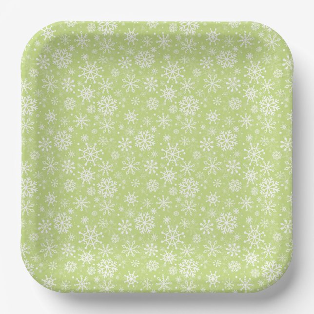 Christmas seamless snowflakes green pattern paper plate (Front)