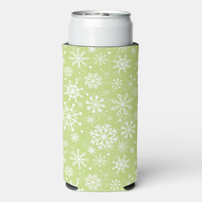 Christmas seamless snowflakes green pattern seltzer can cooler (Seltzer Back)