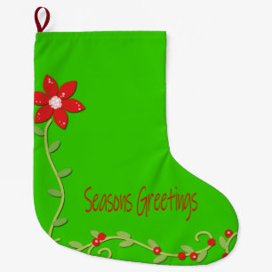 Christmas Seasons' Greetings Green Poinsettia Large Christmas Stocking