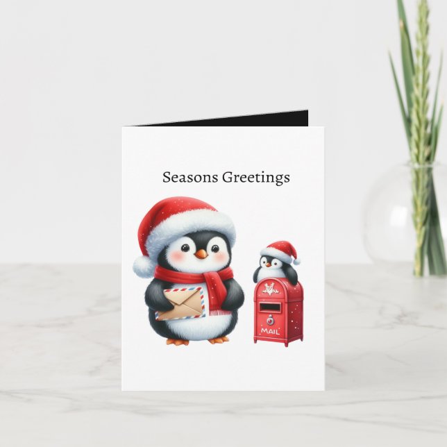  Christmas Seasons greetings penguin mail carrier Holiday Card (Front)