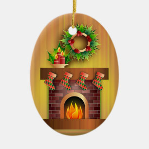 Christmas Seasons Greetings Stockings Fireplace Ceramic Ornament