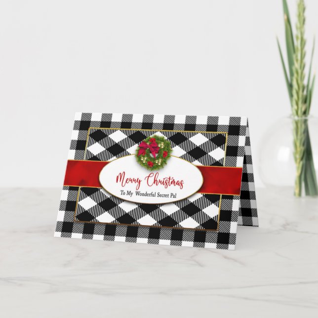 Christmas Secret Pal Black White Plaid Wreath Card (Front)