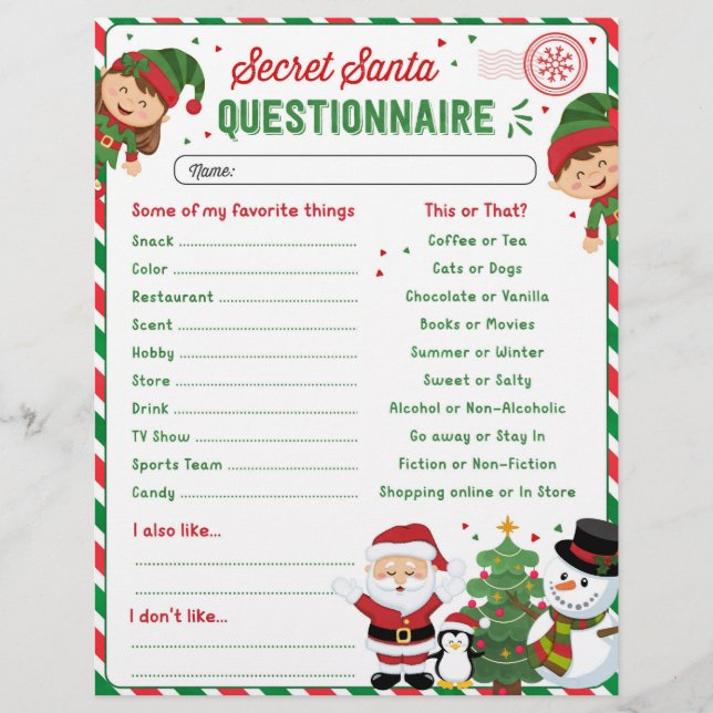 Christmas Secret Santa Questionnaire Form Template (Front)