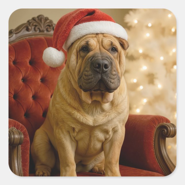 Christmas Shar-Pei Dog With Santa Hat Square Sticker (Front)