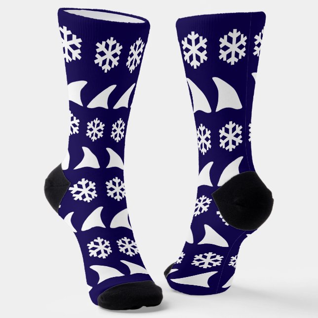 Christmas Shark Fins and Snowflakes Fun Socks (Angled)