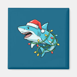 Christmas Shark Santa Hat Wrapped In Lights Funny Magnet